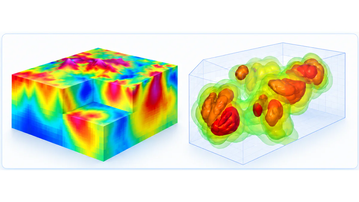A 3D susceptibility block model cut away beside the isosurfaces drawn from it