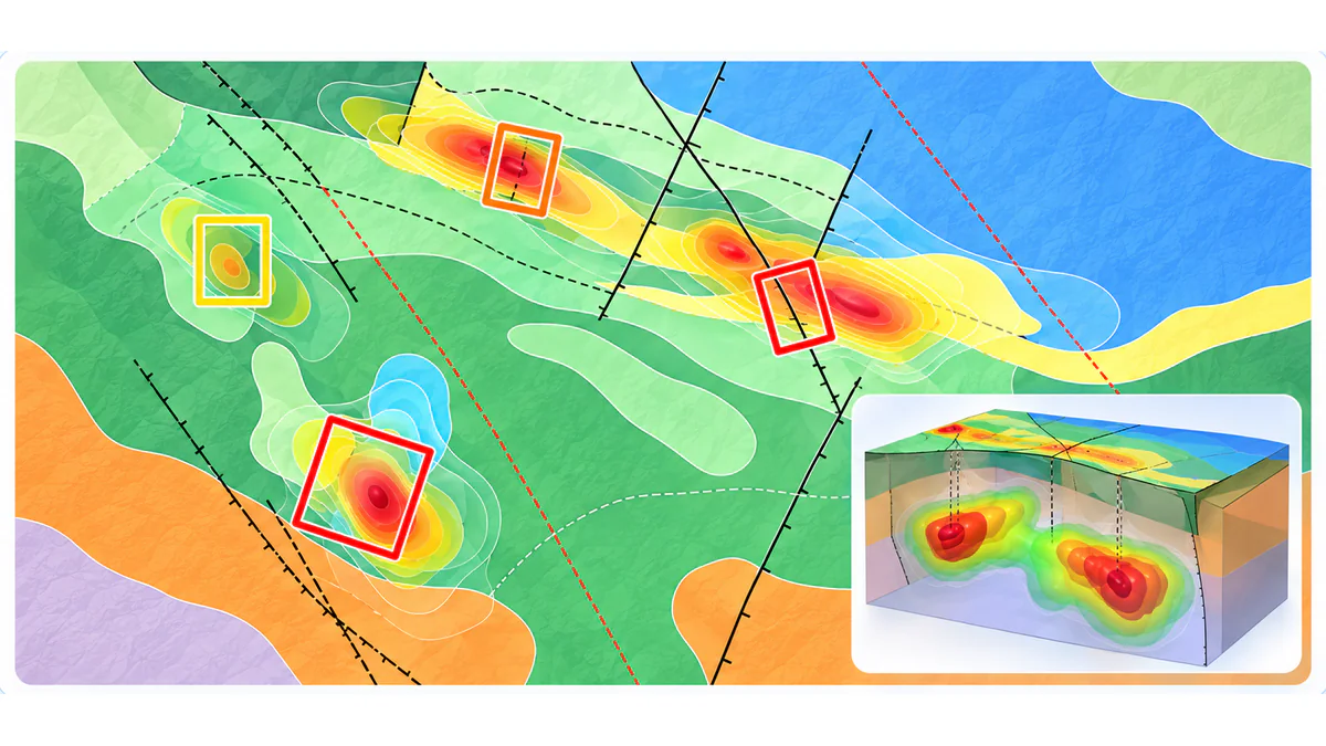 An interpretation map: lithology, faults, magnetic anomalies and boxed drill targets, with a 3D model inset